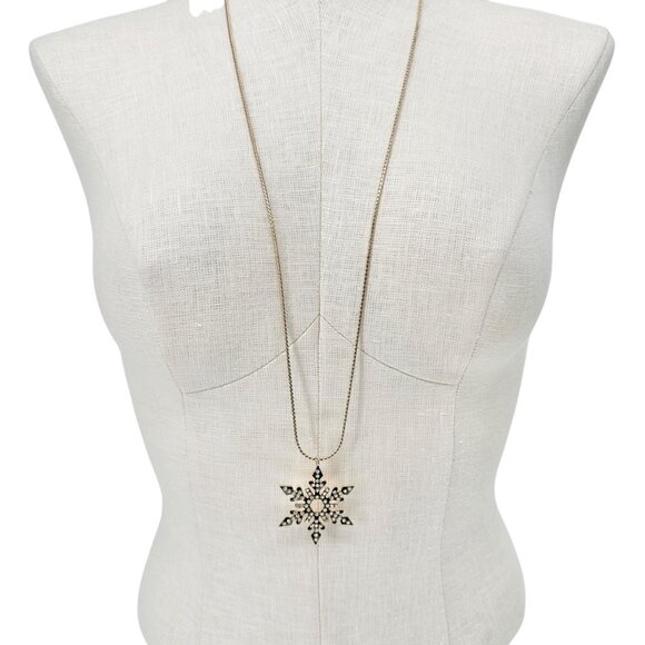 Snowflake Rhinestone Pendant Necklace 32 inches Gold Tone With Adjustable Chain - Picture 2 of 11